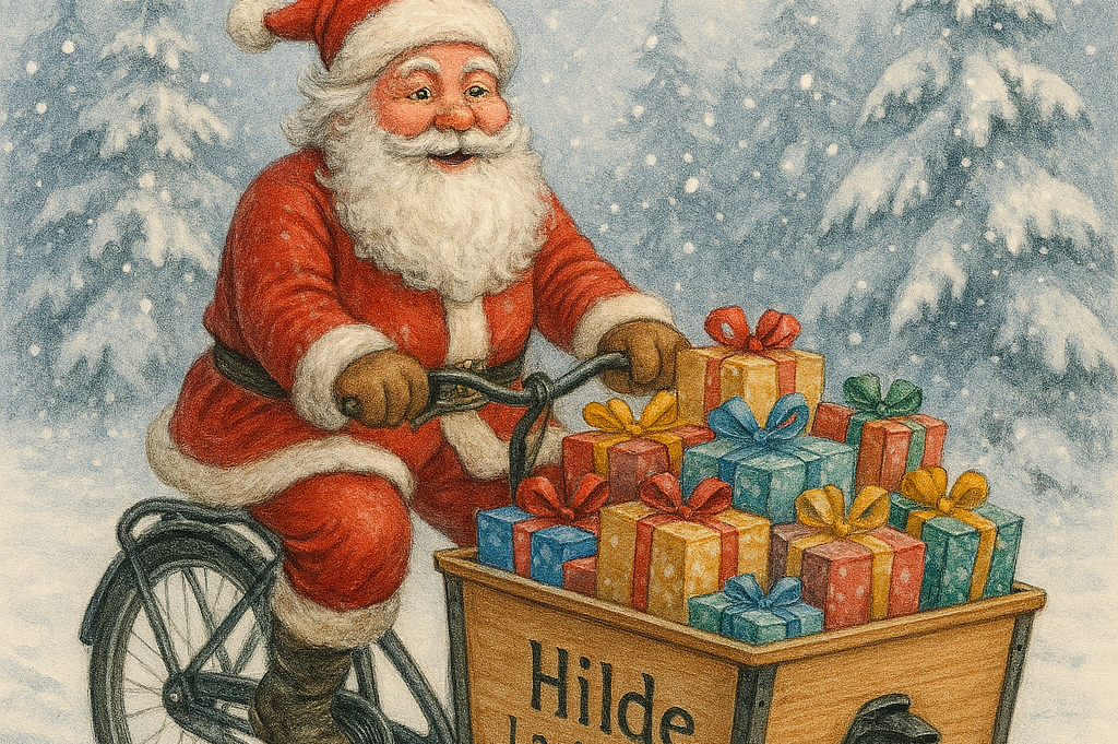 Weihnachtsmann auf Lastenrad mit Geschenken im Winterwald