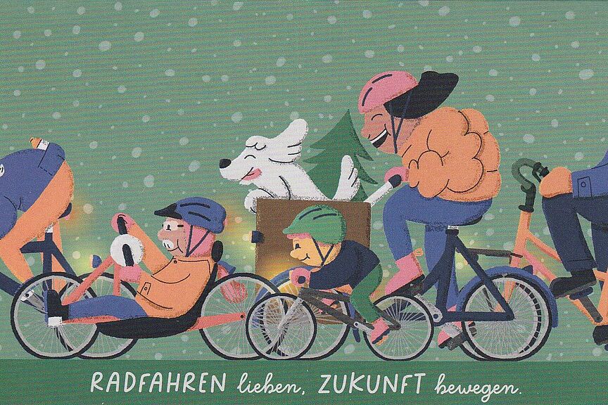 Weihnachtsgruss_2025 schematische Grafik mit 5 Radfahrern